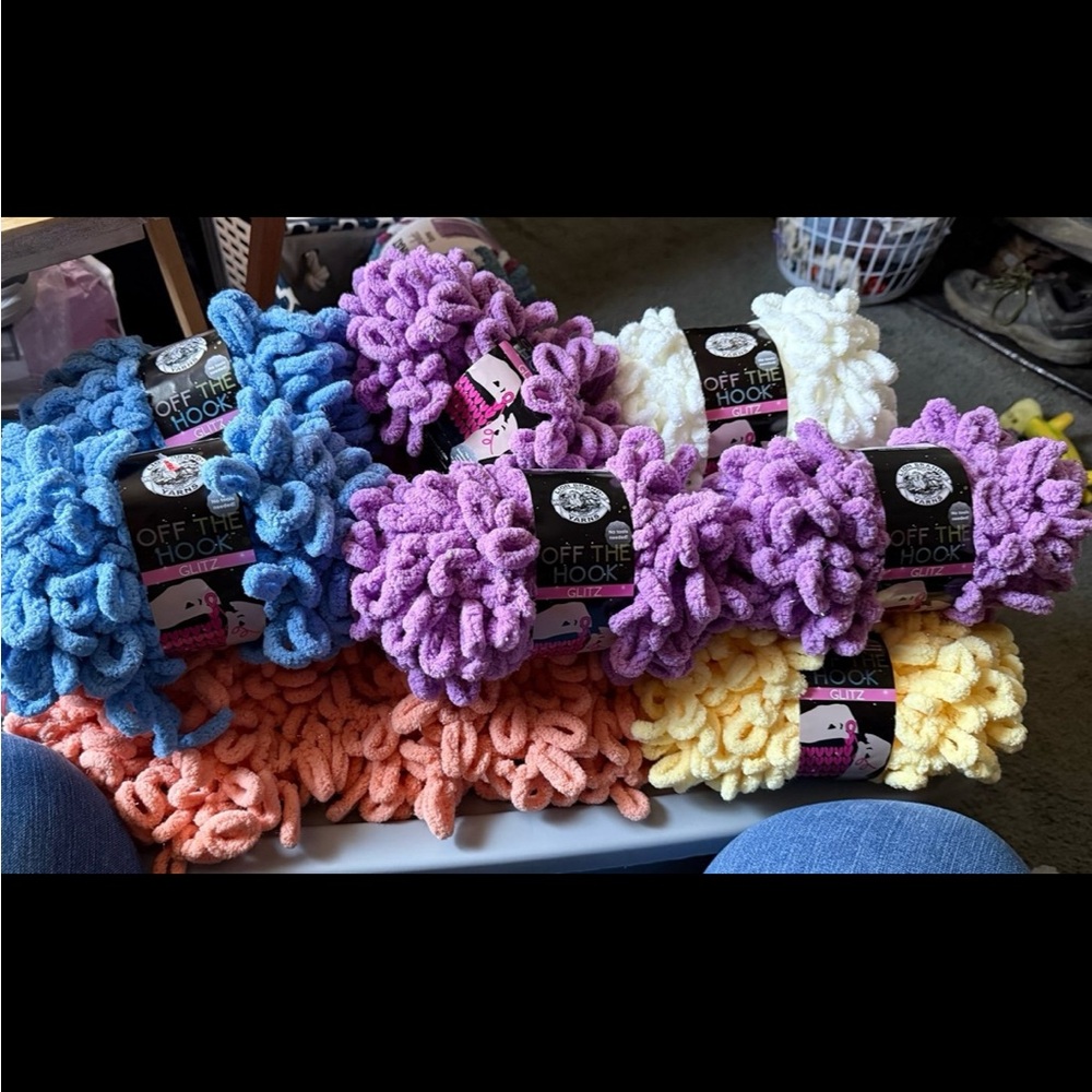 13 skeins Bernat Off The Hook Yarn Bundle - Purple, White, Yellow, Orange